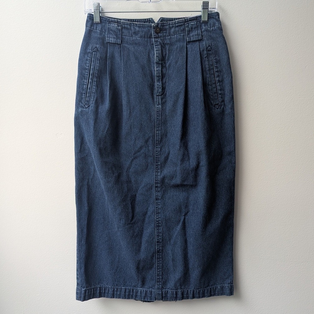 Vtg Denim Skirt Blue Pleated High Waist Sz 10 Classic Minimalist Chic Preppy